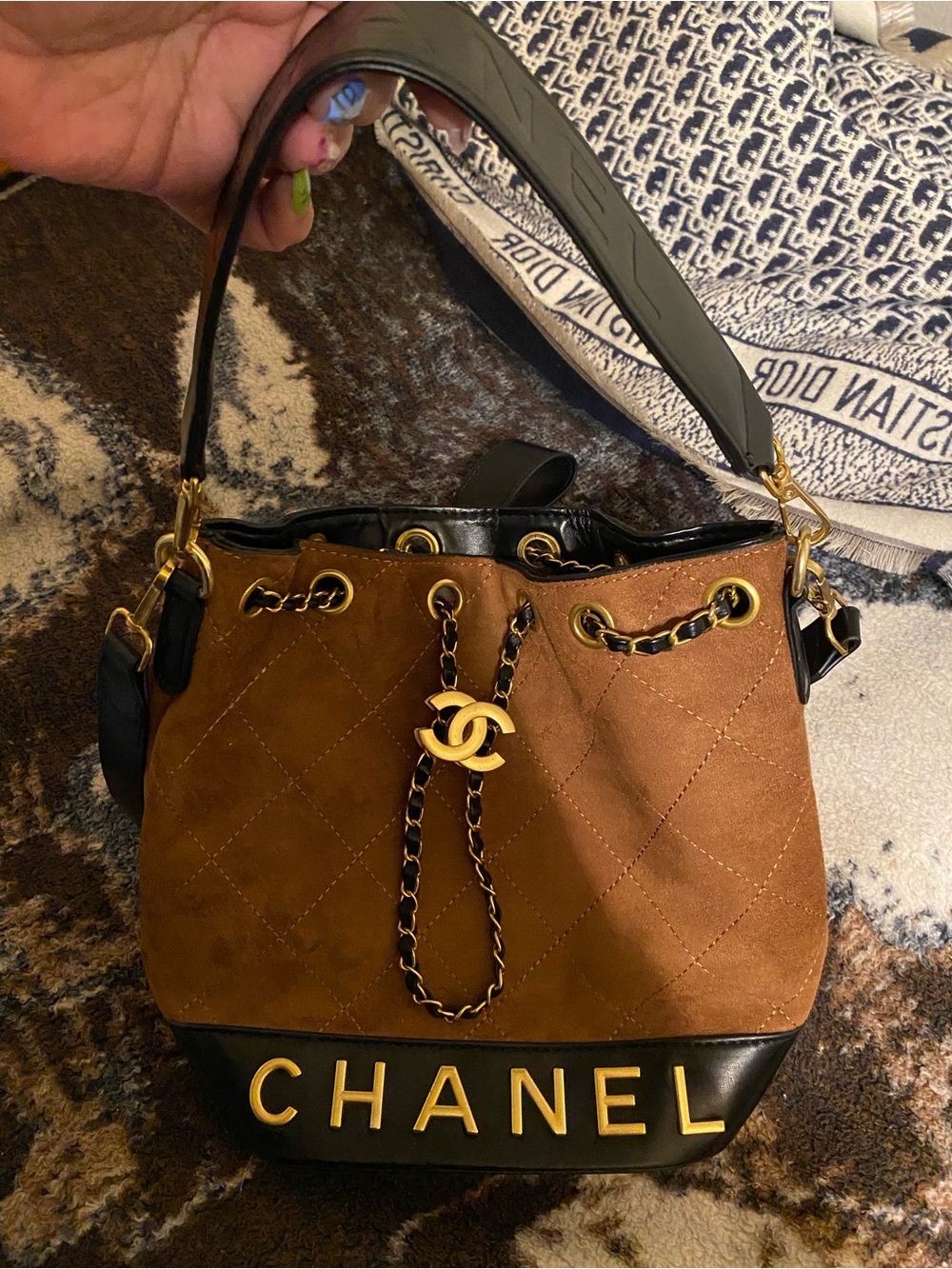 CHANEL Brown Suede & Black Leather Drawstring Shoulder Bag with Gold Hardware